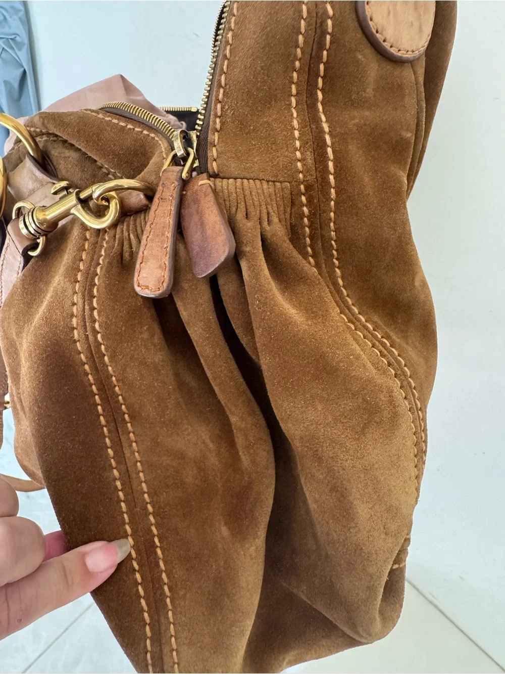 Miu Miu Brown Suede Shoulder Bag with Gold Hardware